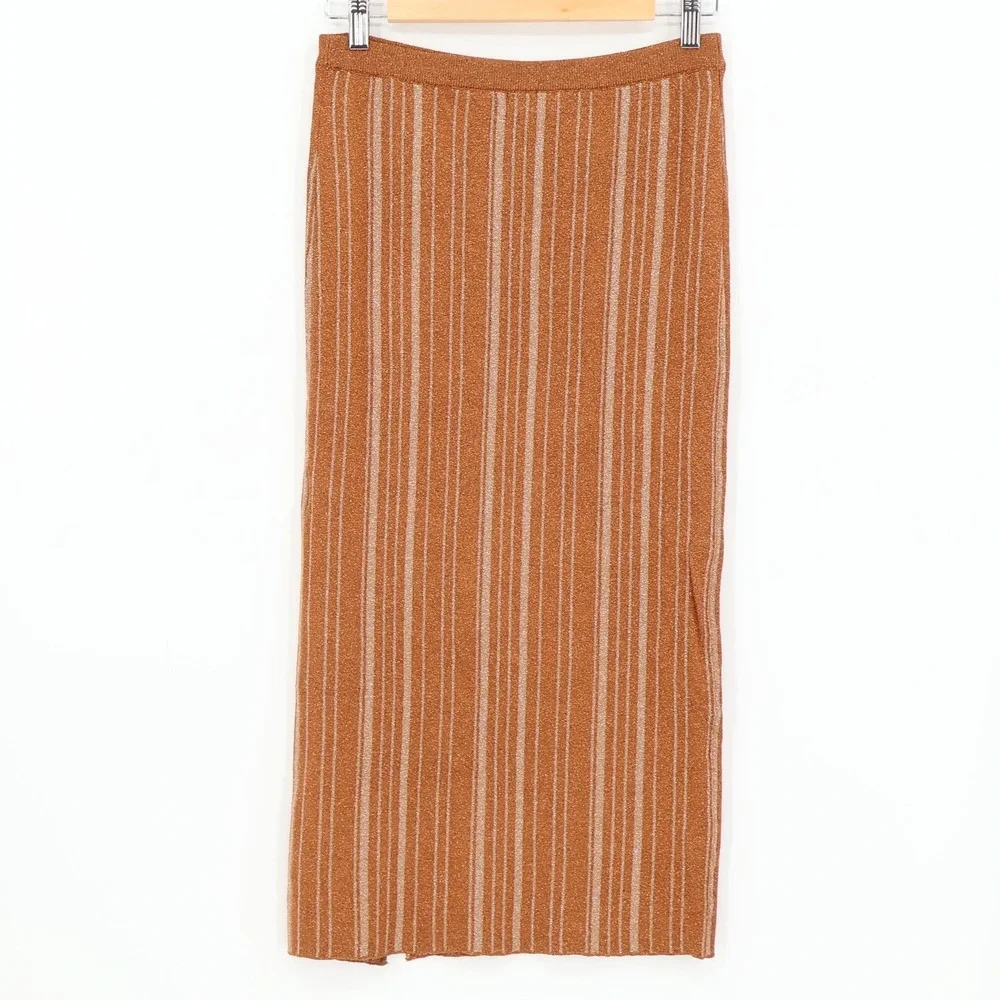LPA Revolve Vance Midi Knit Skirt Metallic Stripe Bronze Gold Pearl Size‎ S